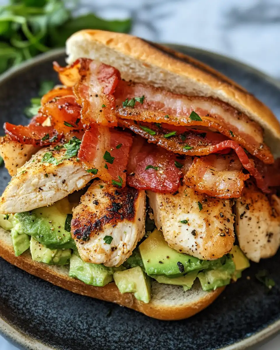 Plated chipotle chicken bacon and avocado melts sandwich served with fresh microgreens