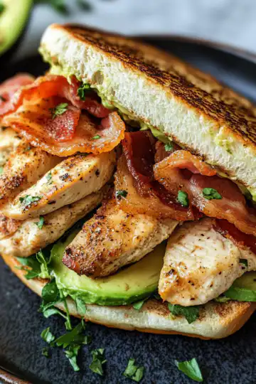 Grilled Chicken, Bacon And Avocado Melts taken with iphone 15 pro max --iw 2 --ar 4:5 --v 6.1 --raw