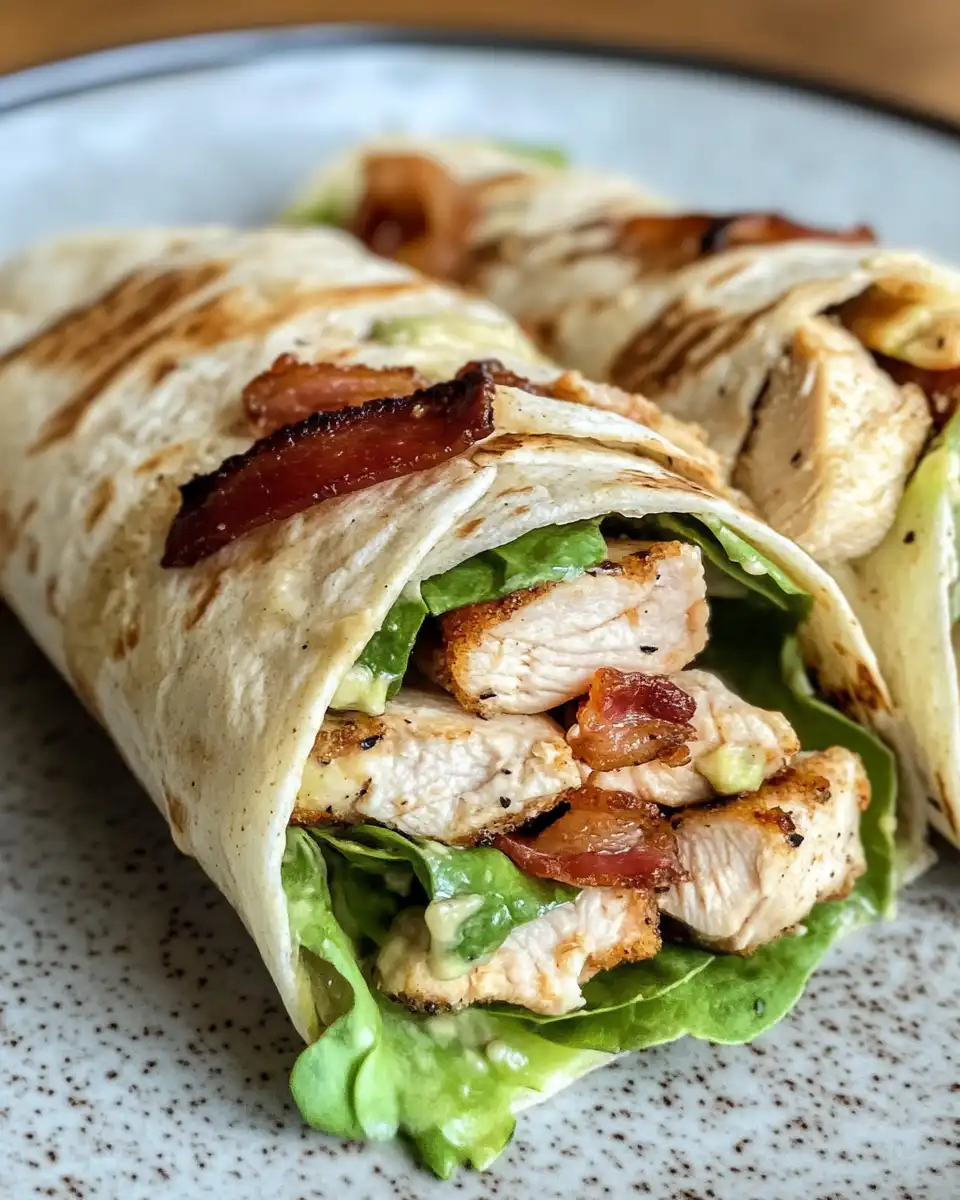 Final plated grilled chicken wraps with avocado, bacon, and cheese ready to serve