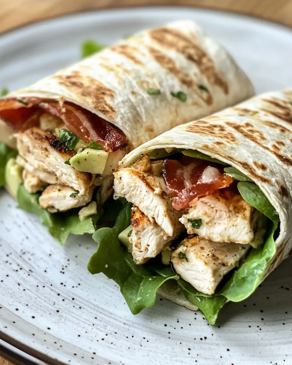 Grilled chicken wraps with bacon, avocado, and pesto dressing in a pressure cooker kitchen setting