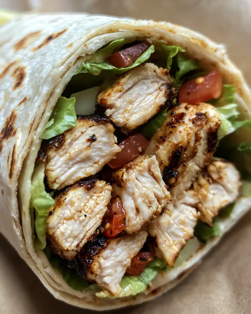 Close up of final plated grilled chicken wrap with melted cheese and fresh veggies