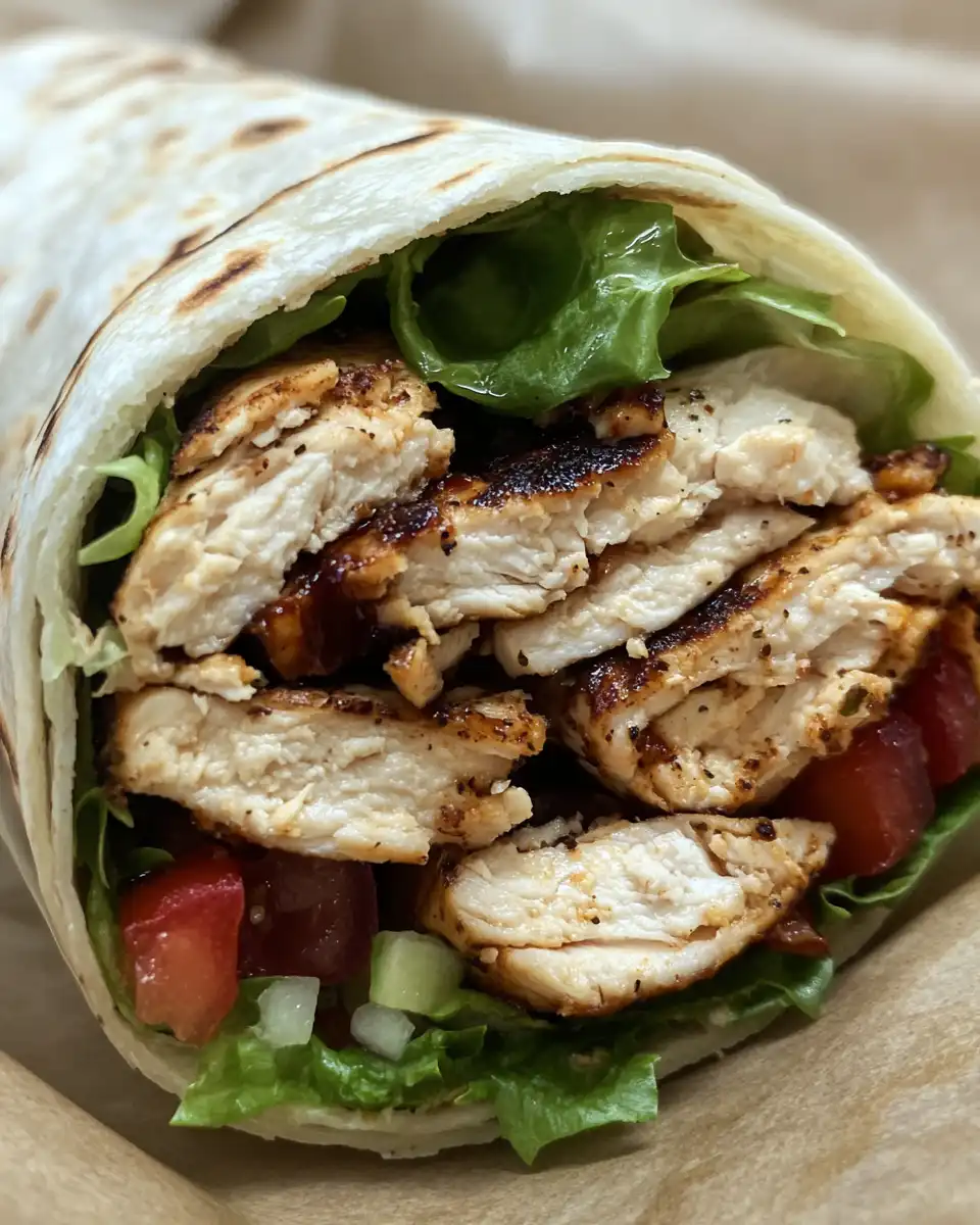 Juicy grilled chicken wrap with lettuce and cheese in soft tortilla
