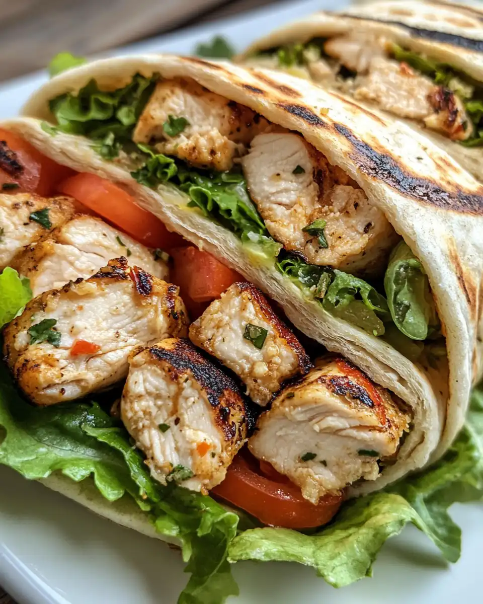 Final plated grilled lemon chicken flatbread wrap ready to enjoy