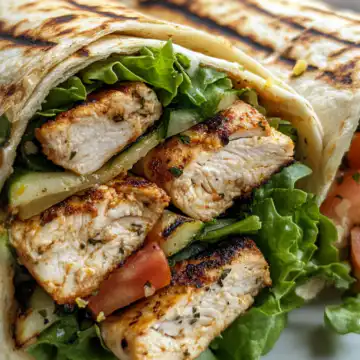 Grilled Lemon Chicken Flatbread Wrap taken with iphone 15 pro max --iw 2 --ar 4:5 --v 6.1 --raw