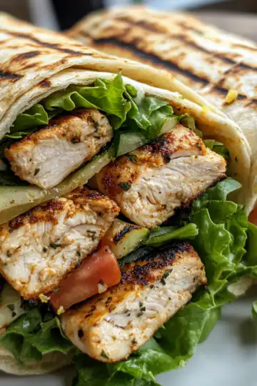 Grilled Lemon Chicken Flatbread Wrap taken with iphone 15 pro max --iw 2 --ar 4:5 --v 6.1 --raw