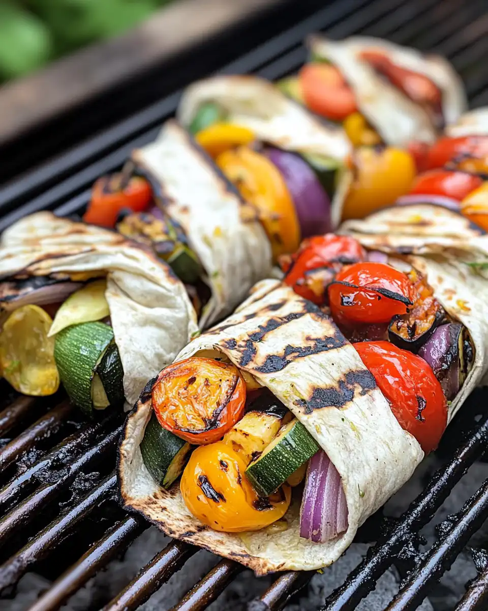 Final grilled veggie wraps cut in half and ready to serve on a plate