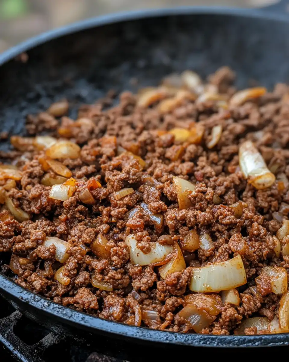 Raw ground beef seasoned for Mexican-style pressure cooker nachos