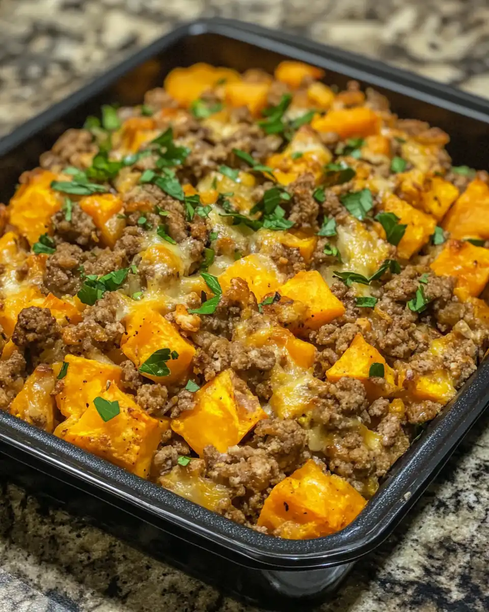 Diced sweet potatoes and bell peppers cooking in skillet