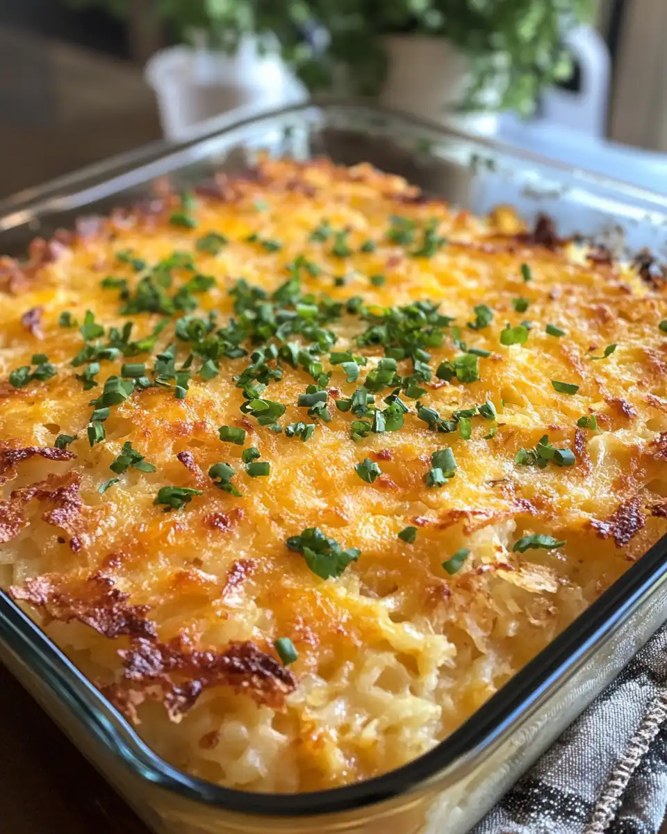 Ingredients mixed for hash brown casserole with cheese and hash browns