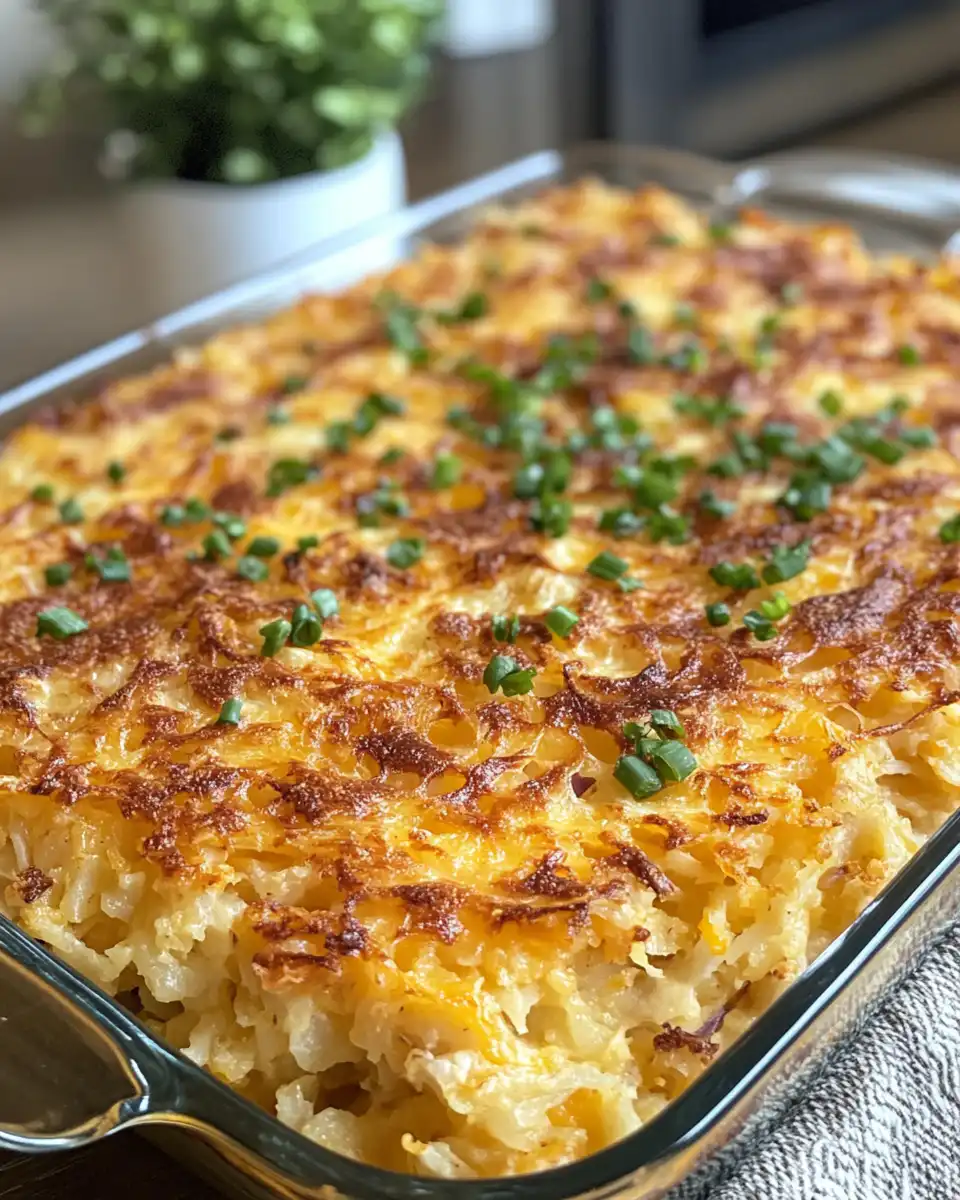 Finished golden brown hash brown casserole with crispy cracker topping