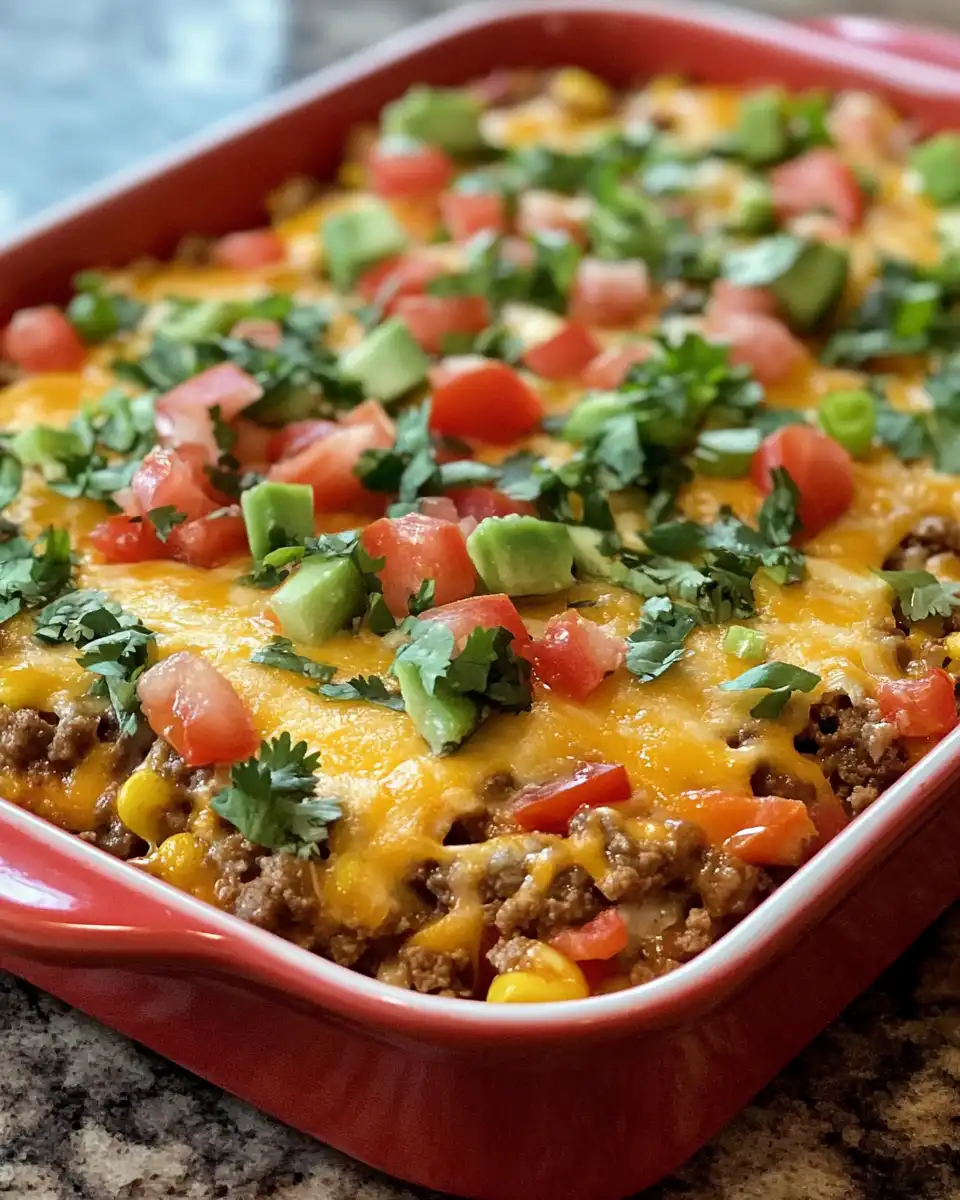 Baked taco casserole fresh from the oven ready to serve