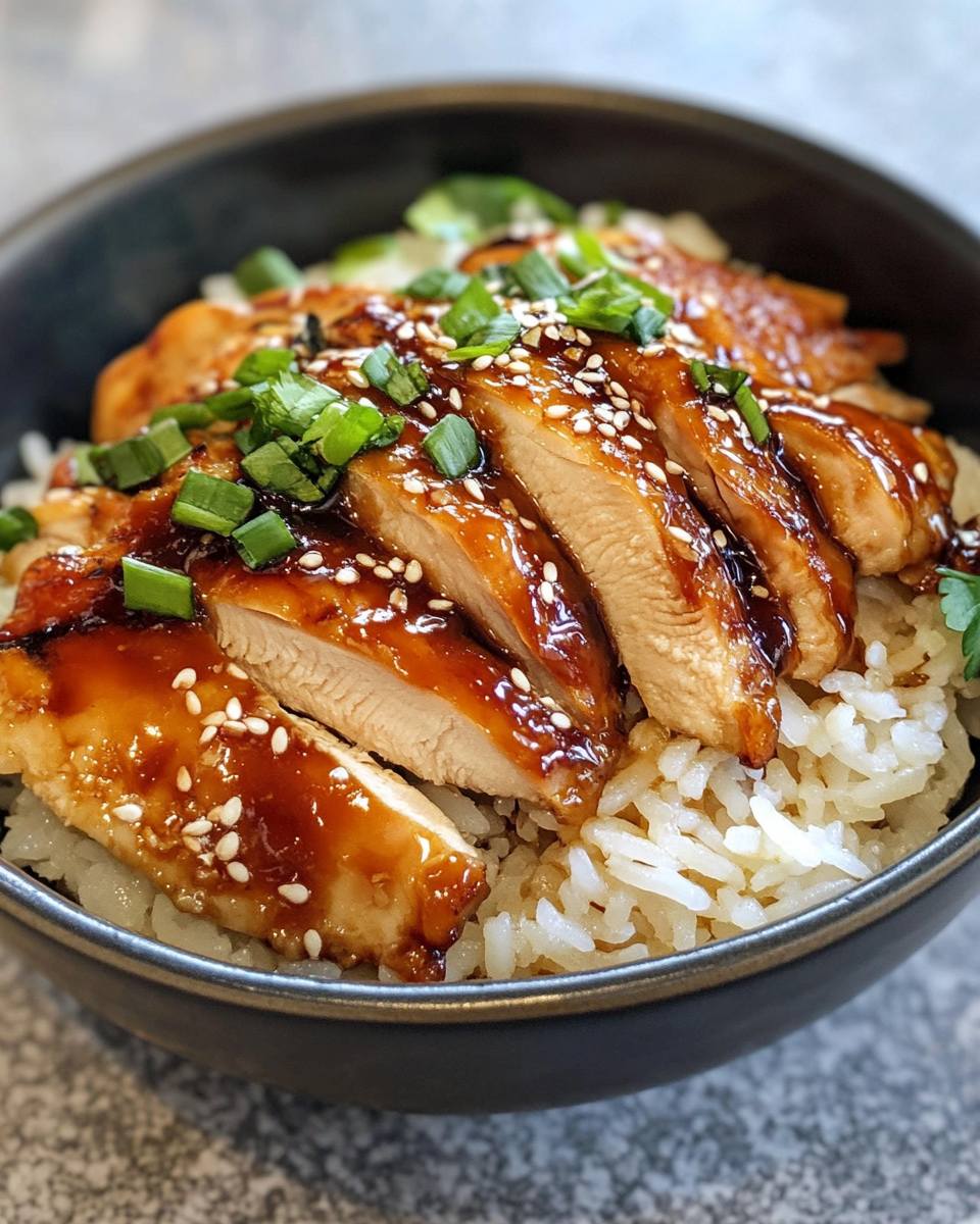 Final plated honey chipotle BBQ chicken and fluffy rice with parmesan