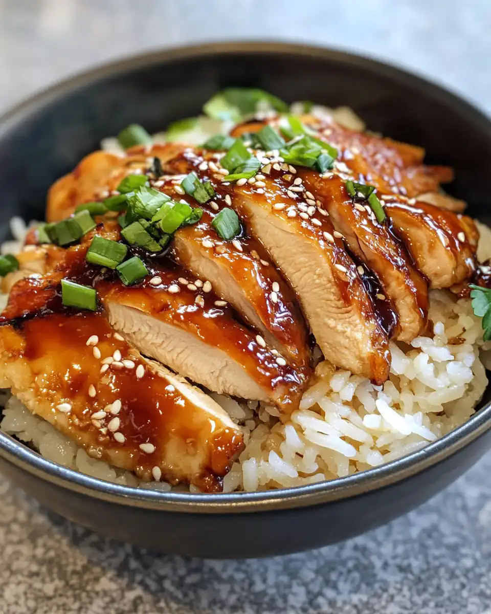 Final plated honey chipotle BBQ chicken and fluffy rice with parmesan