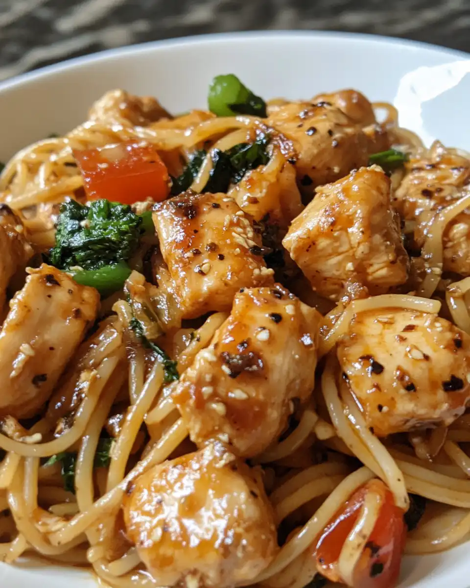 Plated honey pepper chicken with creamy garlic butter pasta garnished with parsley