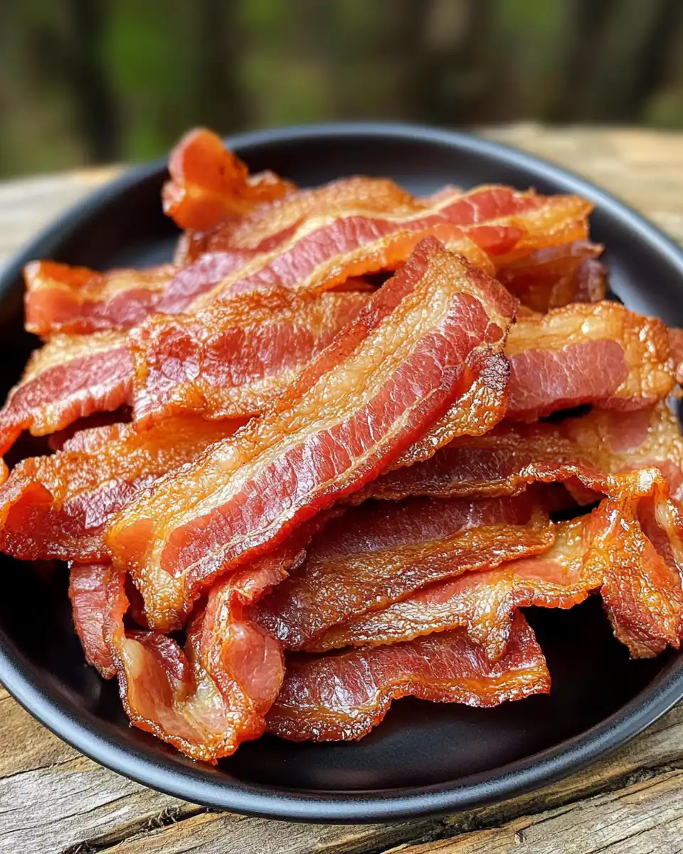 Freshly cooked crispy bacon strips in the oven