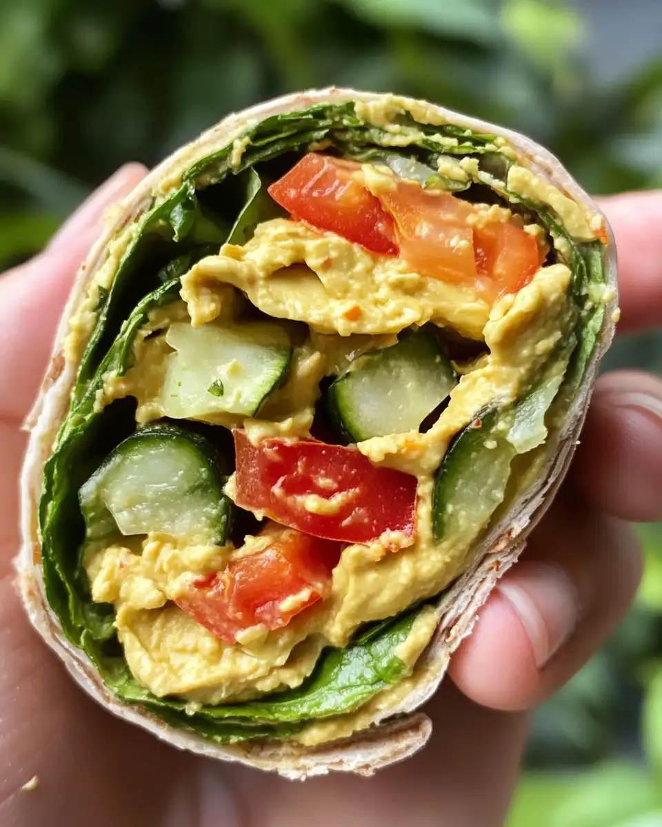 Close-up view of fresh hummus veggie wrap with colorful vegetables