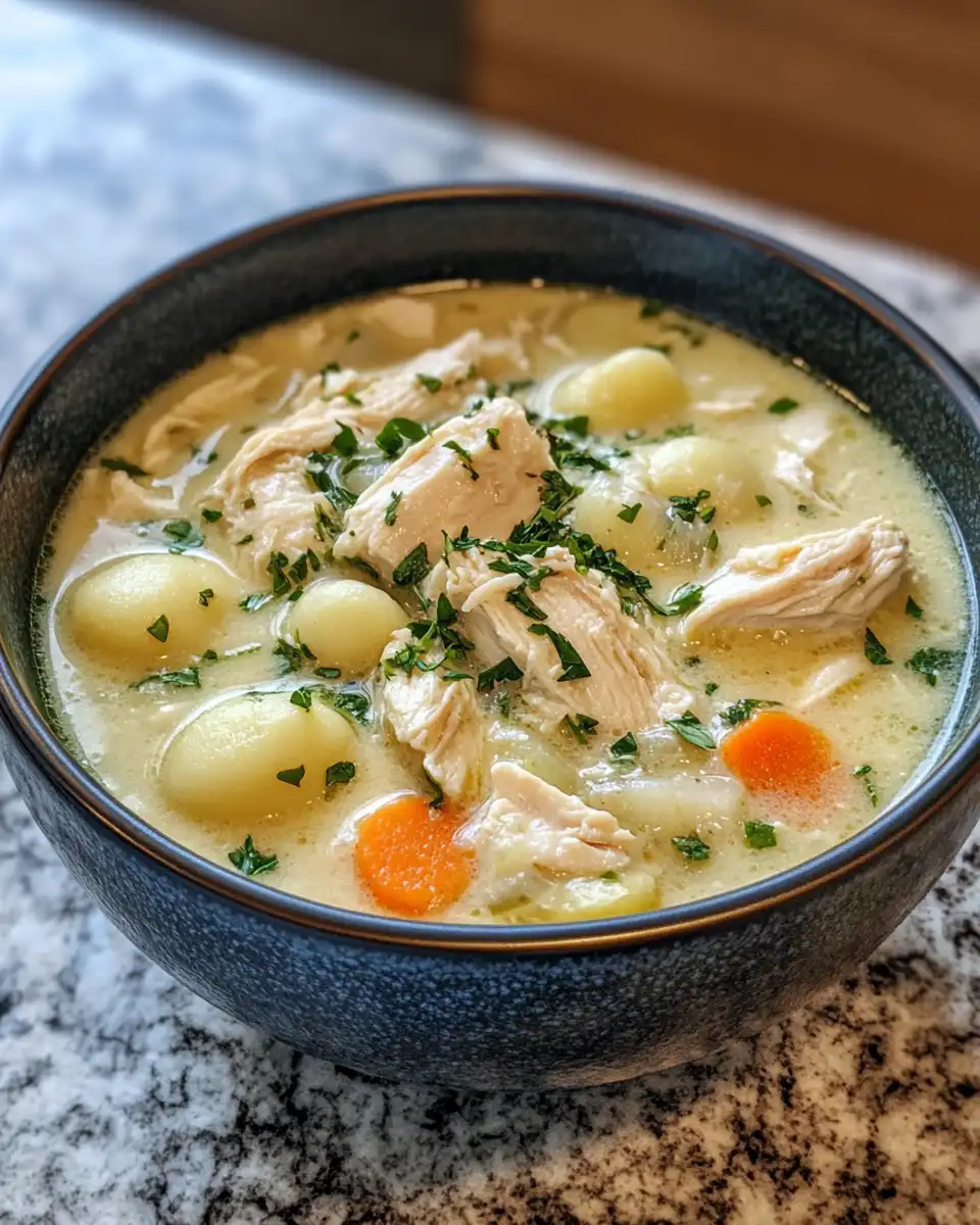 Shredded chicken and gnocchi cooking in Instant Pot soup