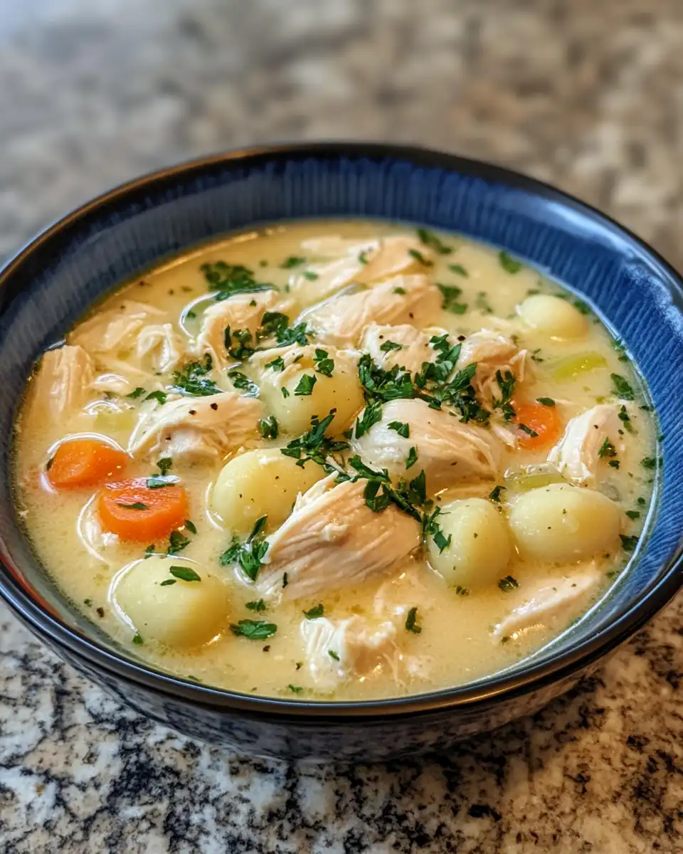 Instant Pot chicken and gnocchi soup fresh and steaming in a bowl