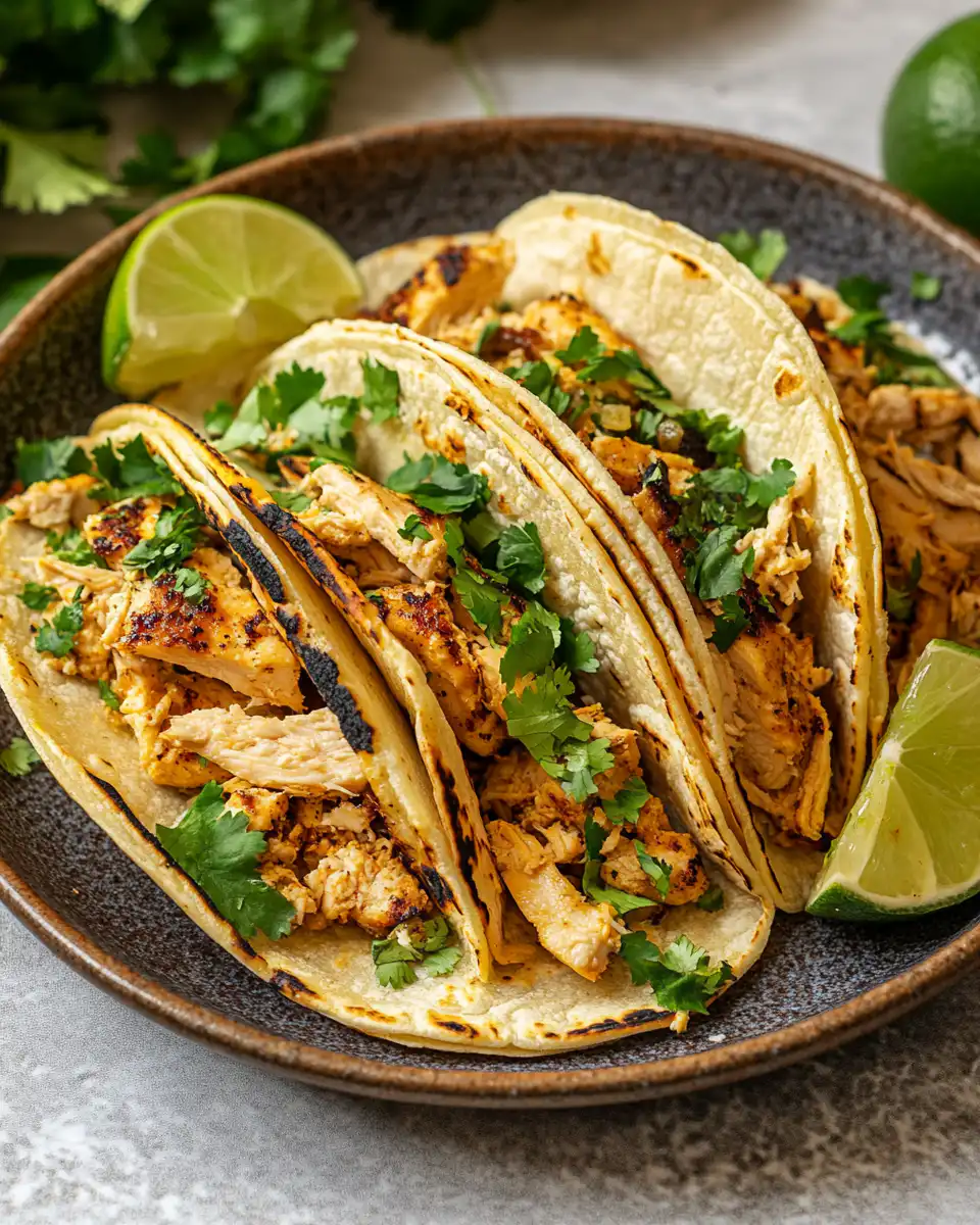 Final plated pressure cooker chicken tacos served with tortilla and toppings
