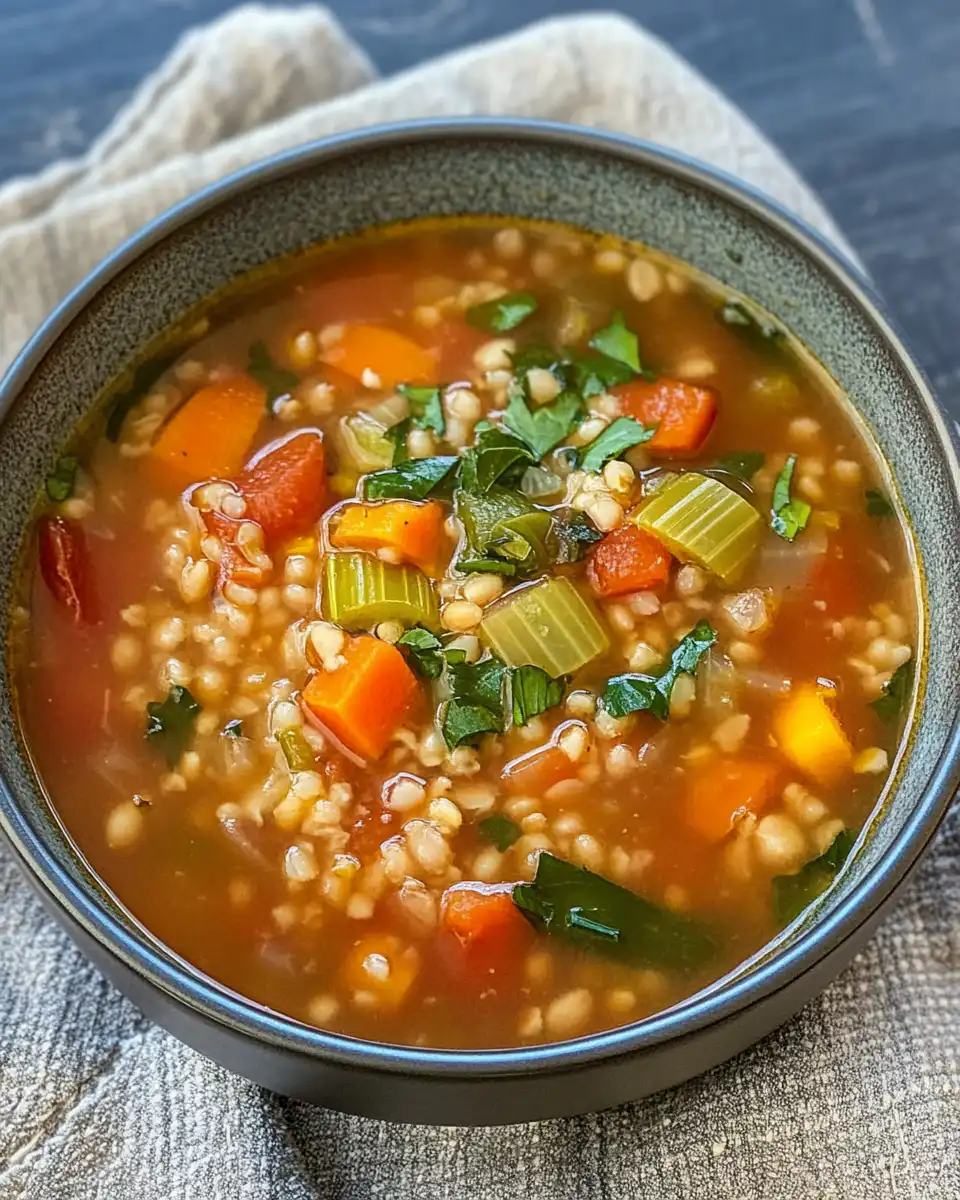 Fresh raw ingredients for vegan vegetable barley soup including garlic, veggies, and barley