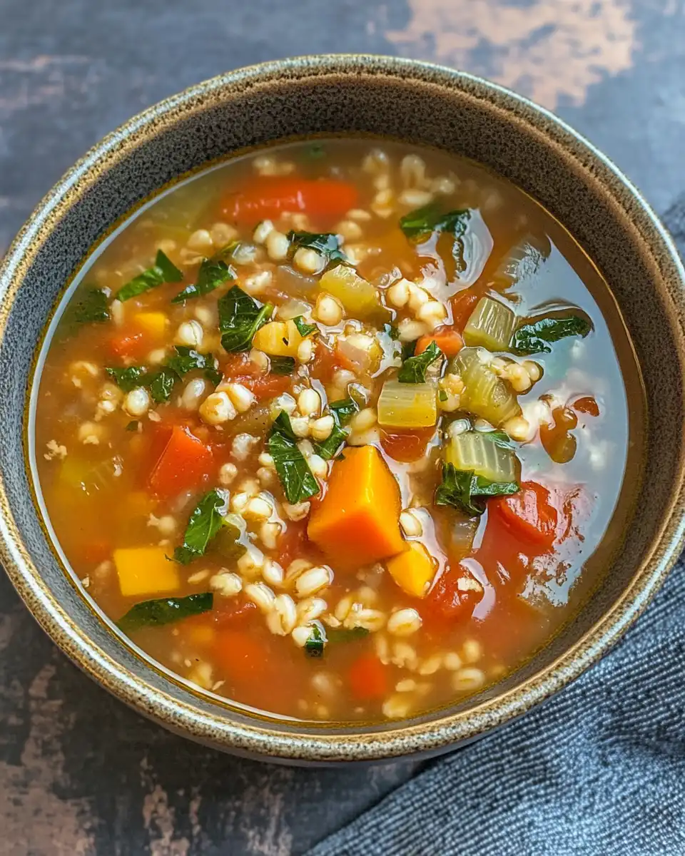 Bowl of finished vegan vegetable and barley soup garnished with fresh herbs and red pepper flakes