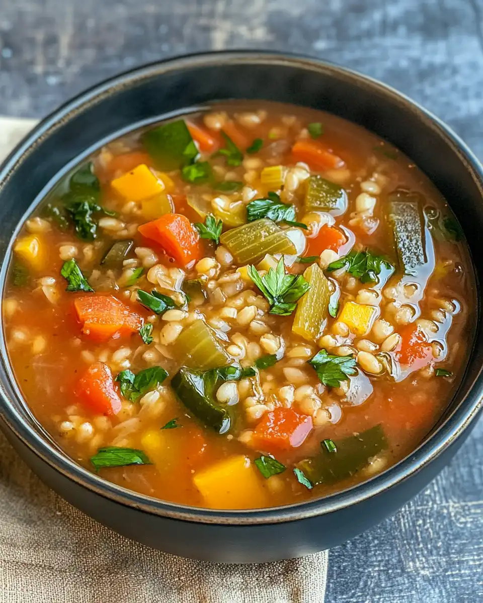 Instant Pot with vegan vegetable and barley soup steaming and cooking