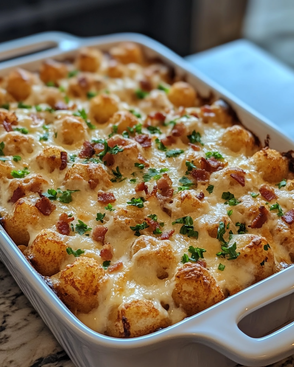 Golden crispy tater tots on chicken bacon ranch casserole just out of the pressure cooker