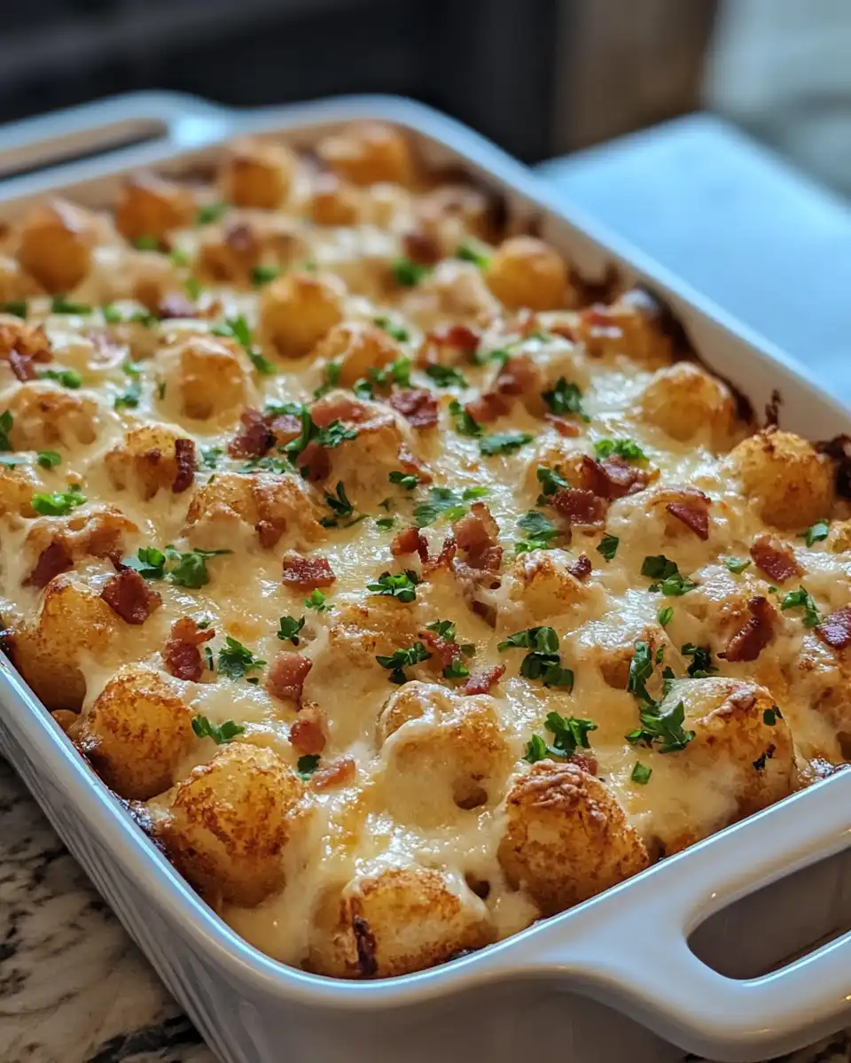 Golden crispy tater tots on chicken bacon ranch casserole just out of the pressure cooker