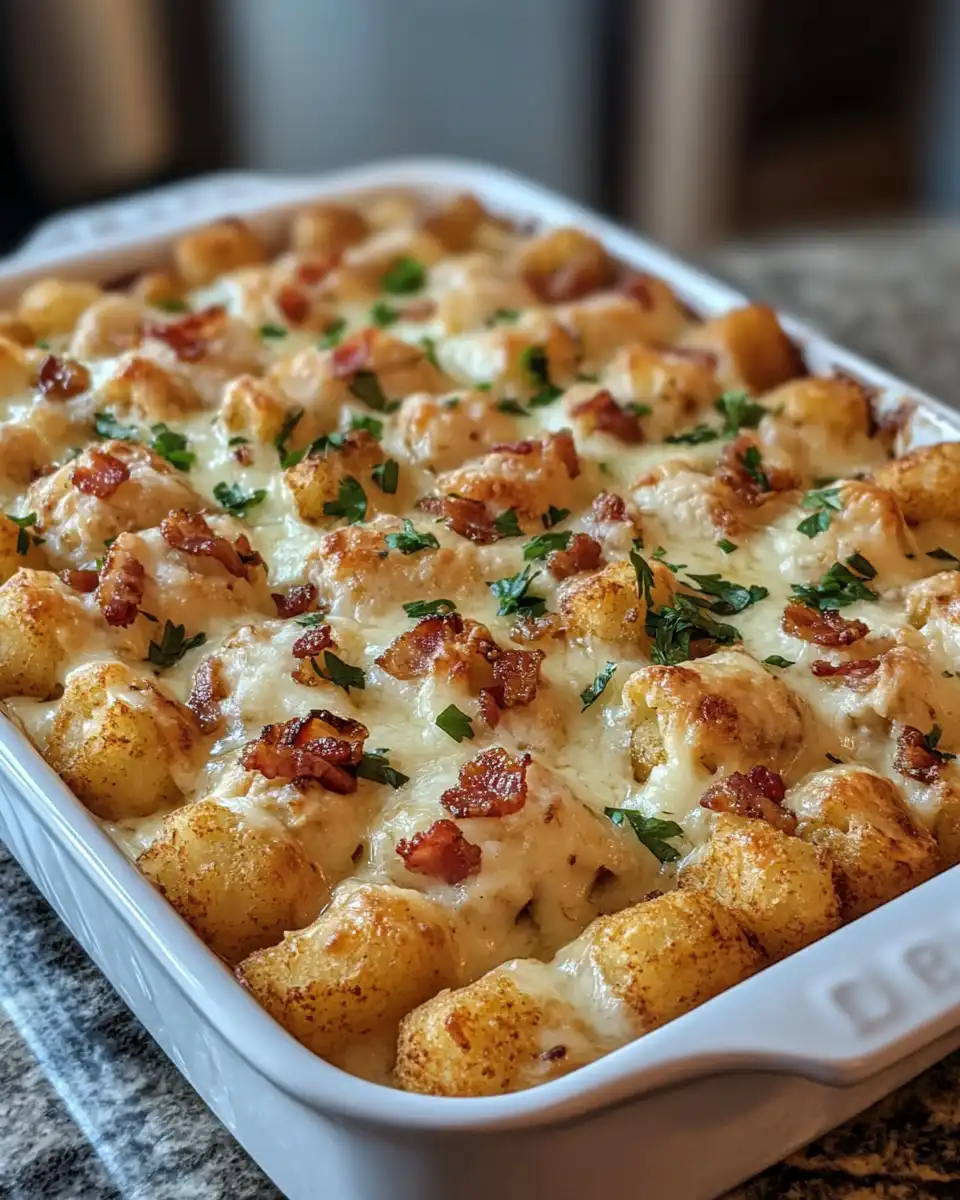 Closeup of pressure cooker with chicken bacon ranch tater tot casserole cooking