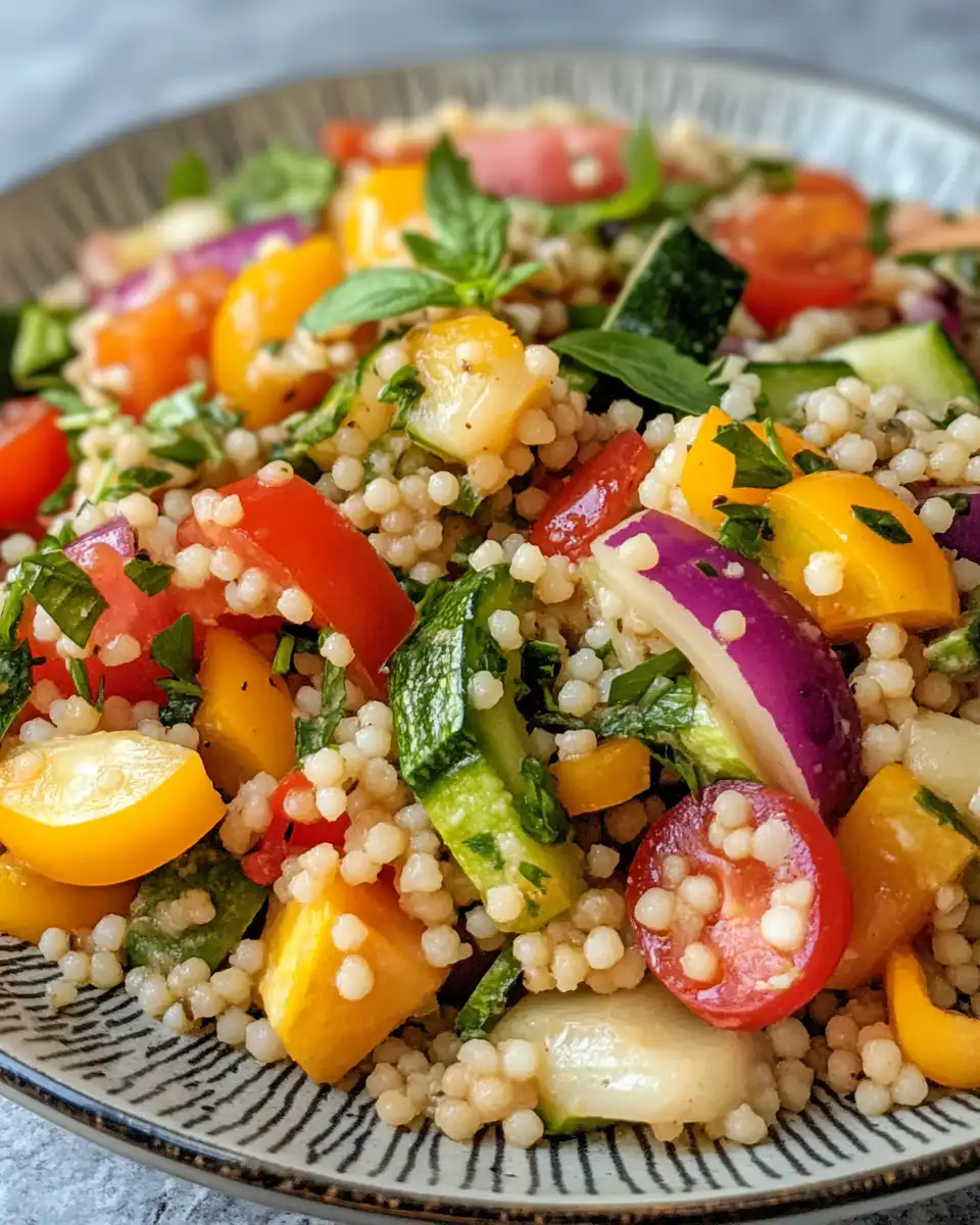 Ingredients for Israeli couscous salad in a bowl with diced veggies and herbs