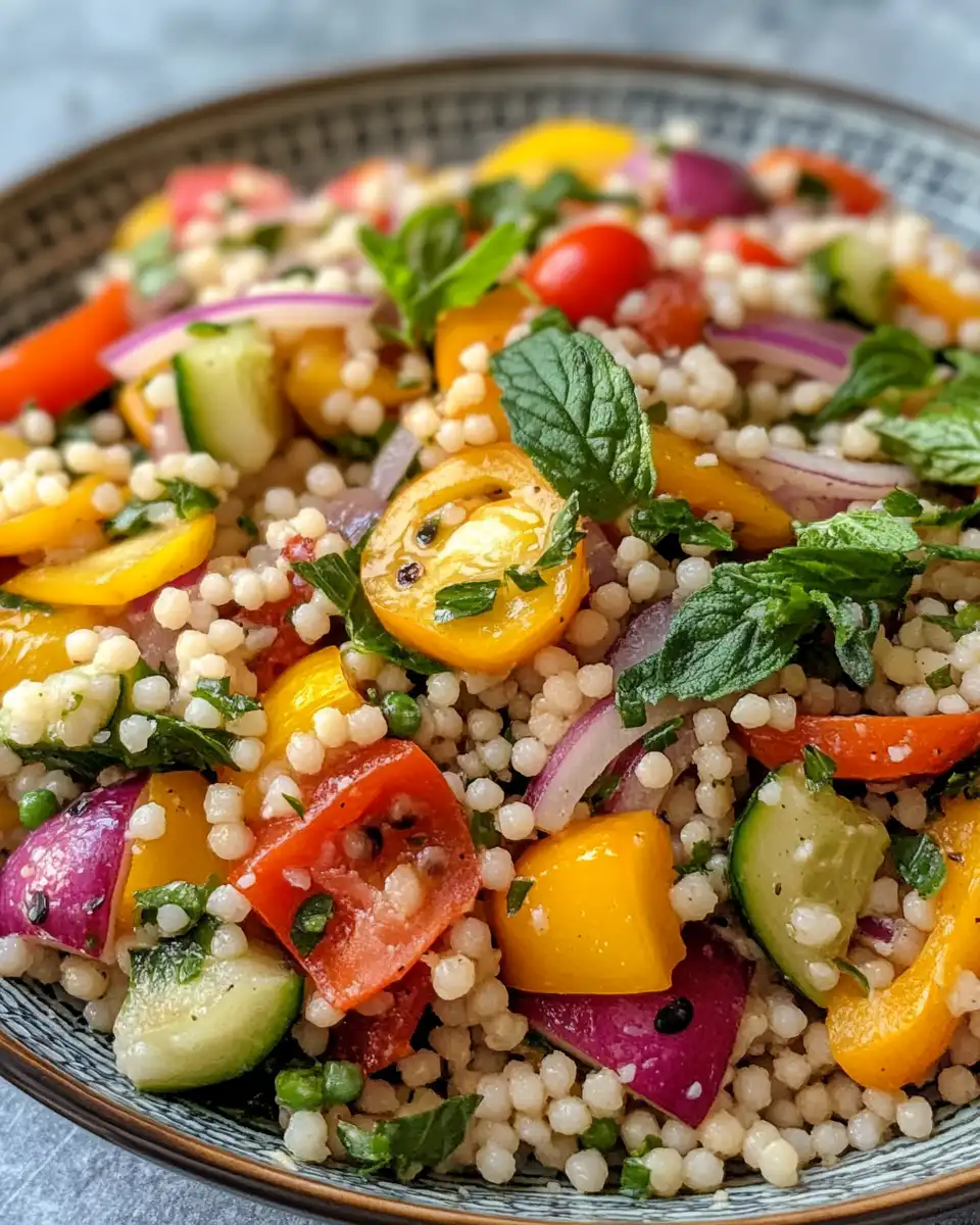 Final plated Israeli couscous salad with summer vegetables ready to serve