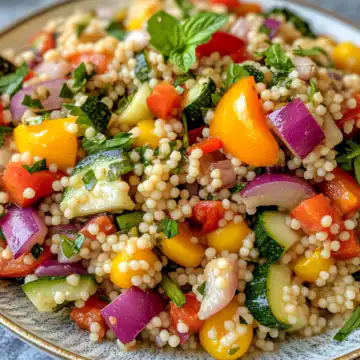 Israeli Couscous Salad With Summer Vegetables taken with iphone 15 pro max --iw 2 --ar 4:5 --v 6.1 --raw