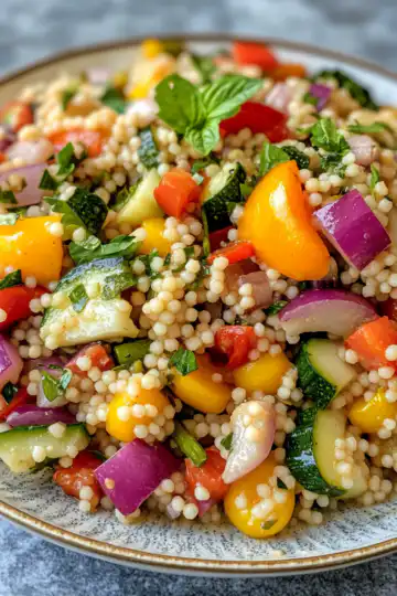 Israeli Couscous Salad With Summer Vegetables taken with iphone 15 pro max --iw 2 --ar 4:5 --v 6.1 --raw