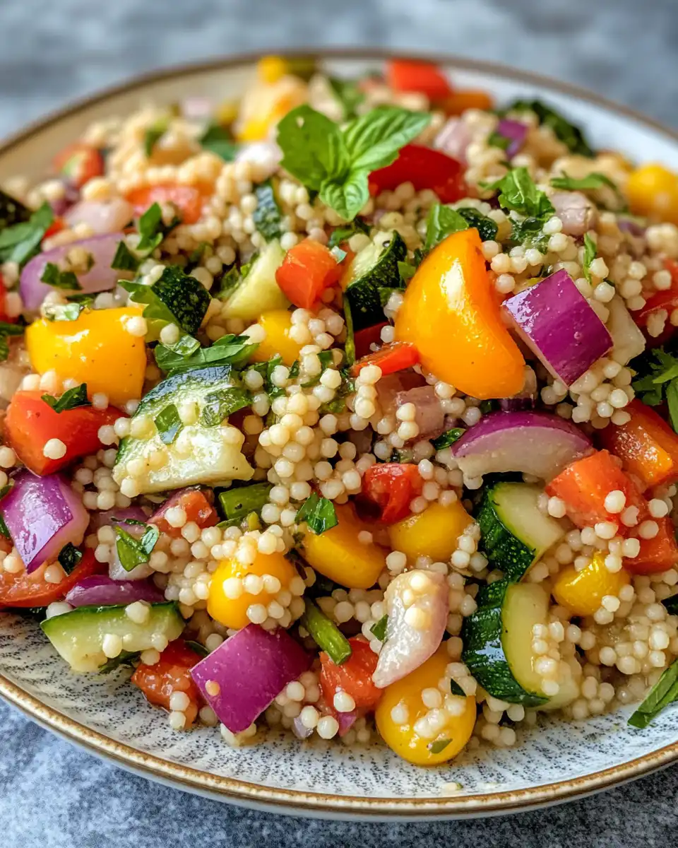 Israeli couscous salad with bright summer vegetables fresh and ready to serve