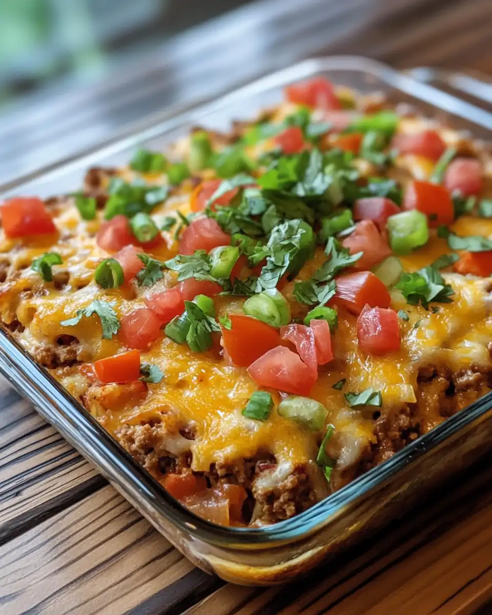 Cheesy taco casserole fresh from oven with toppings