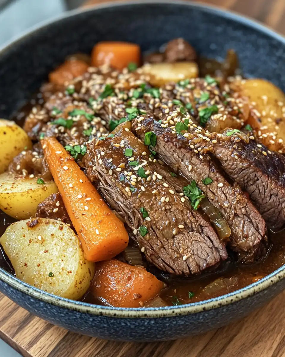 Ingredients for Korean style pot roast including spices and sauces
