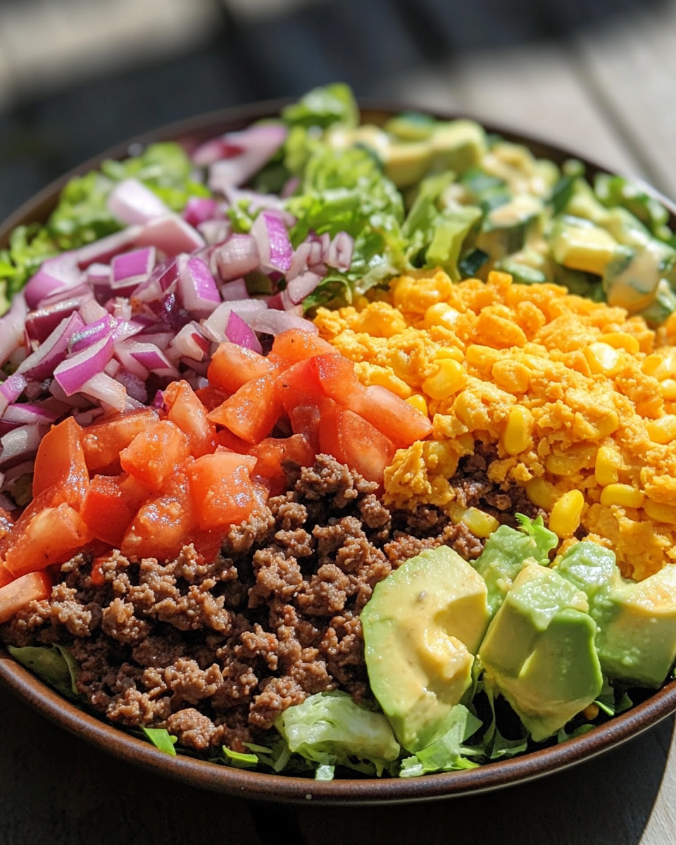 Ingredients for layered taco salad including beans, lettuce, cheese, and vegetables laid out