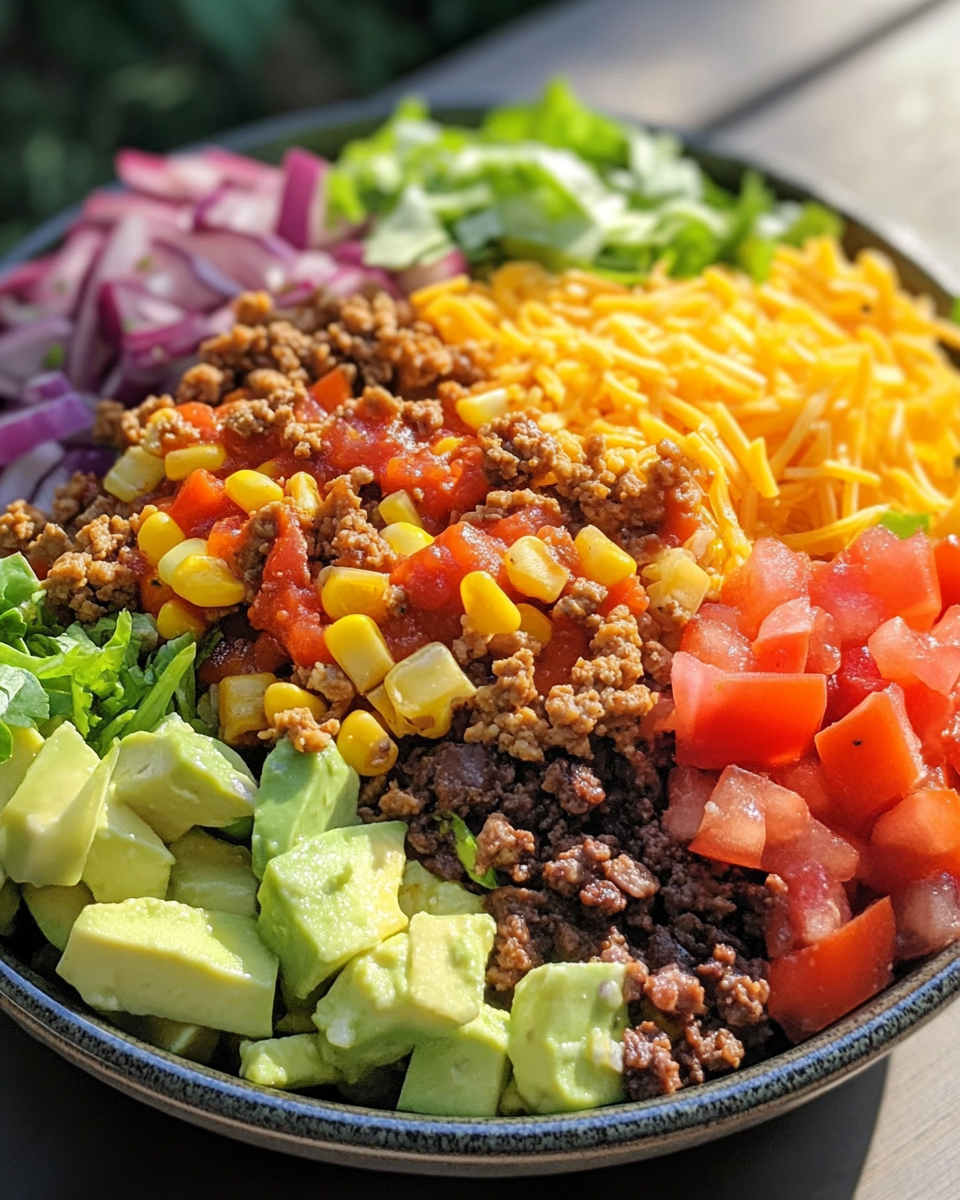 Final layered taco salad plated and ready to serve