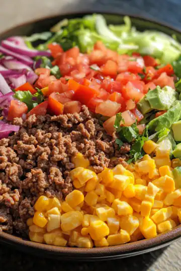 Layered Taco Salad taken with iphone 15 pro max --iw 2 --ar 4:5 --v 6.1 --raw
