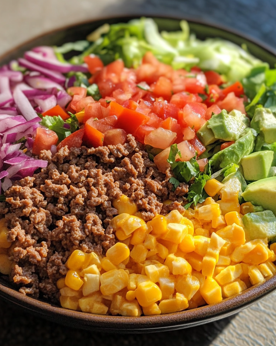 Layered taco salad fresh and vibrant in a bowl