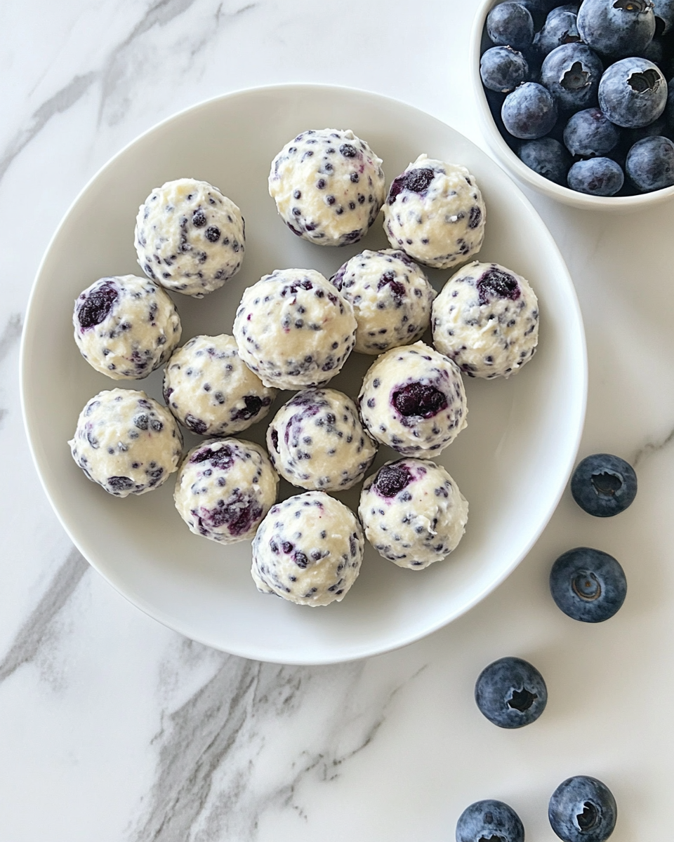 Serving plate of lemon blueberry protein bites sprinkled with flaky sea salt