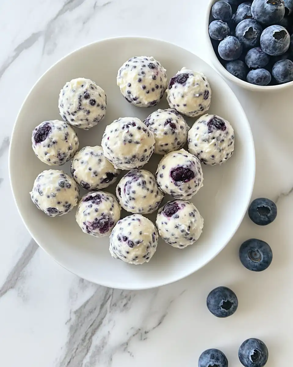 Serving plate of lemon blueberry protein bites sprinkled with flaky sea salt