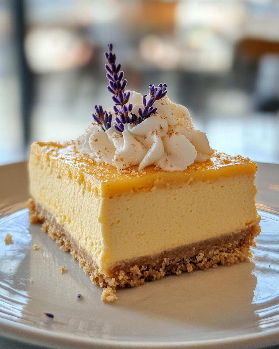 Slice of lemon lavender cheesecake with full crust and creamy filling served