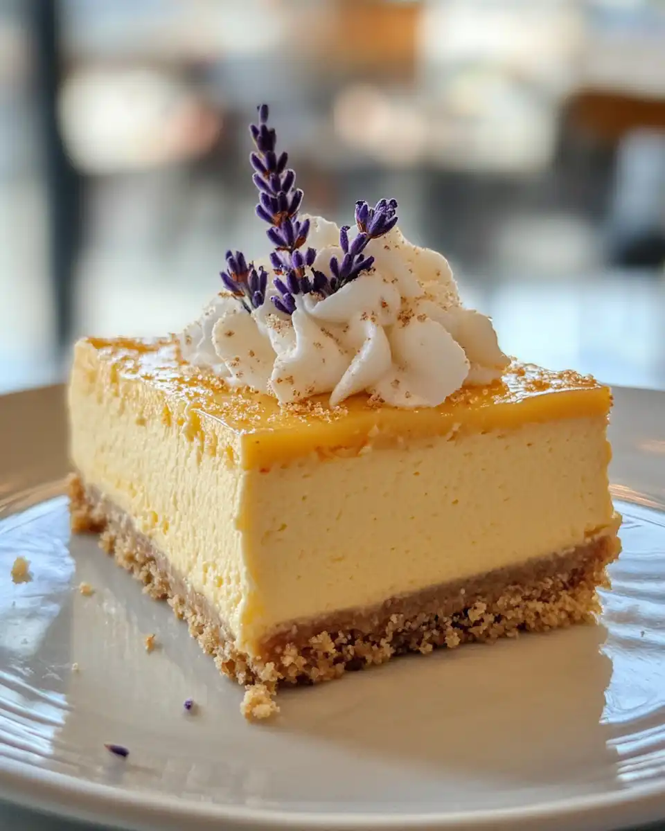 Slice of lemon lavender cheesecake with full crust and creamy filling served
