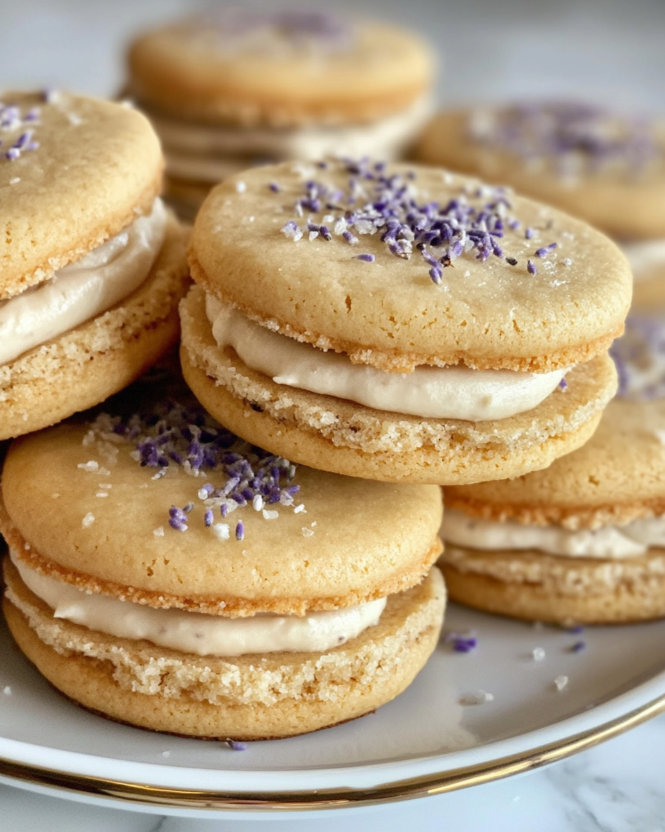Lavender buttercream filling spread on lemon lavender cookie sandwiches