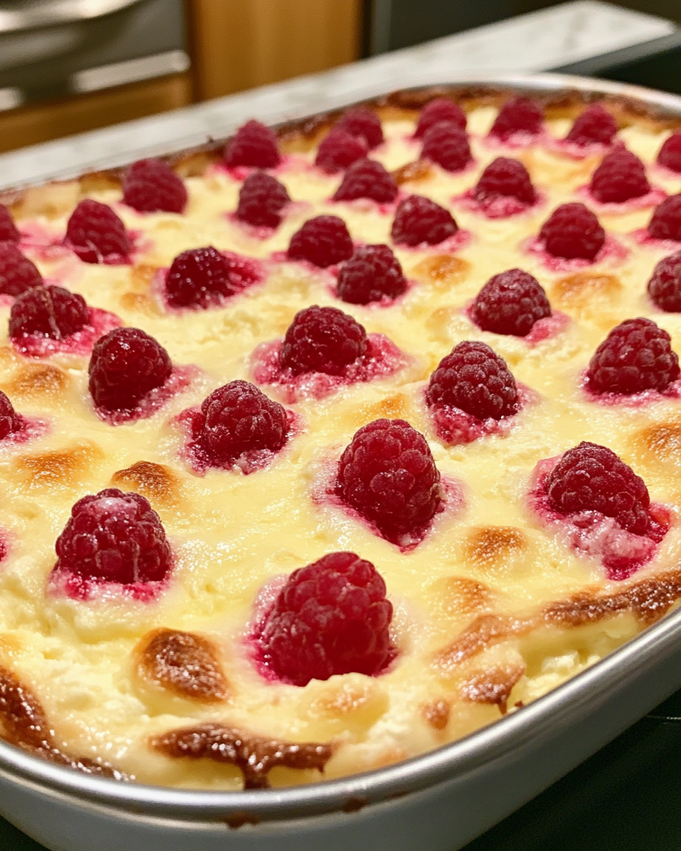 Lemon raspberry cottage cheese bake steaming fresh at kitchen start