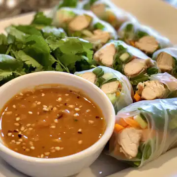Lemongrass Chicken Fresh Spring Rolls With Peanut Hoisin Sauce taken with iphone 15 pro max --iw 2 --ar 4:5 --v 6.1 --raw