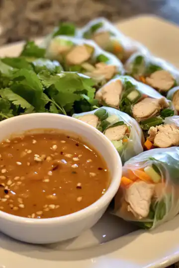 Lemongrass Chicken Fresh Spring Rolls With Peanut Hoisin Sauce taken with iphone 15 pro max --iw 2 --ar 4:5 --v 6.1 --raw