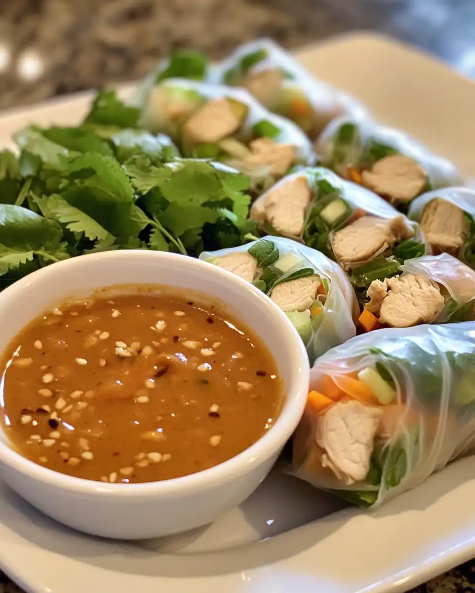 Fresh spring rolls served with hoisin peanut sauce in a bowl