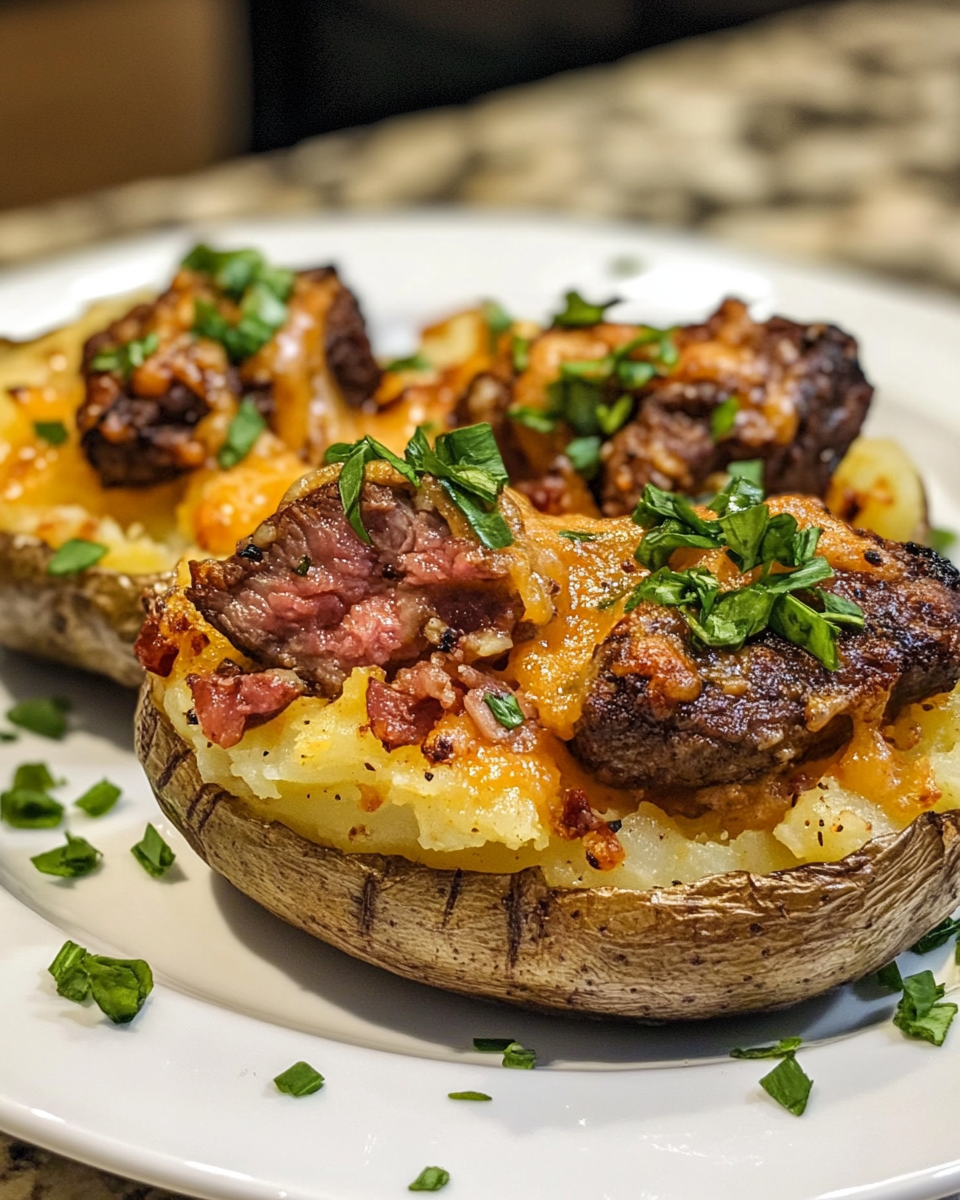 Fresh ingredients laid out for loaded baked potato with steak bites including russet potatoes and spices